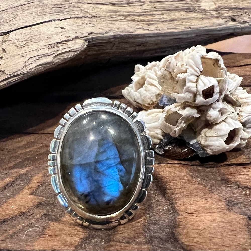 NWT Bali Thailand Labradorite Sterling Silver Ring Oval Large Blue Flashes Brown